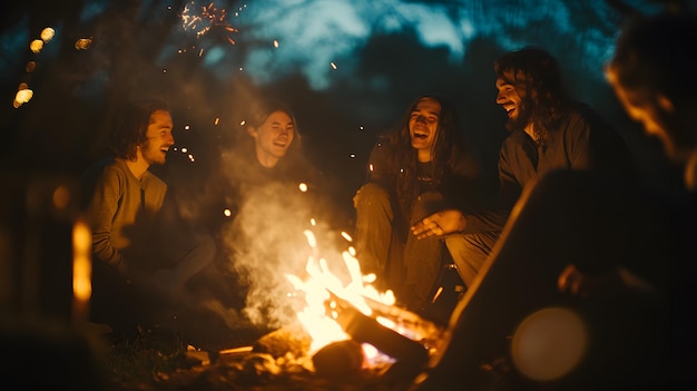 Photo group of friends laughing around a campfire