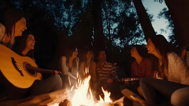 Photo group of friends laughing around a campfire