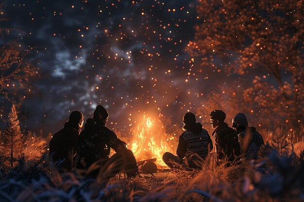 Group of friends laughing during a bonfire