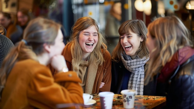 Photo group of friends laughing and chatting at a trendy cafe