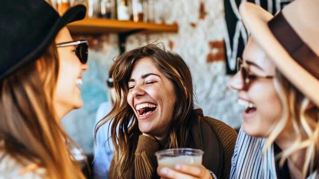 Photo group of friends laughing and chatting at a trendy cafe