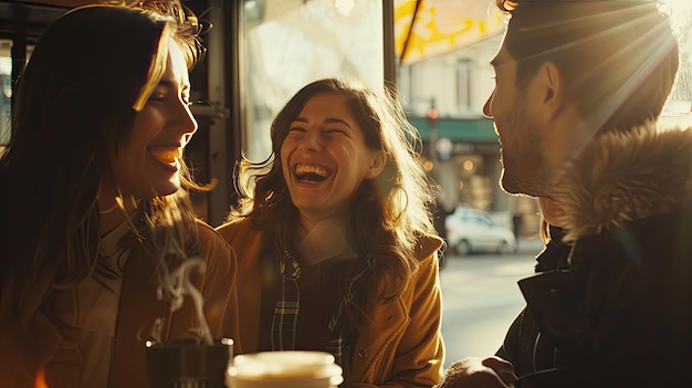 Photo group of friends laughing and sharing stories at a coffee shop