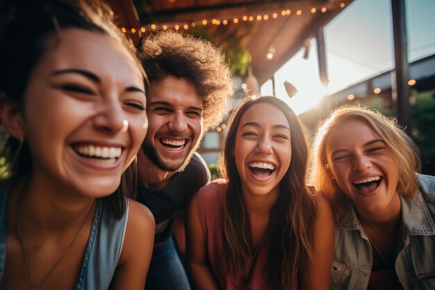 A group of friends laughing in the street