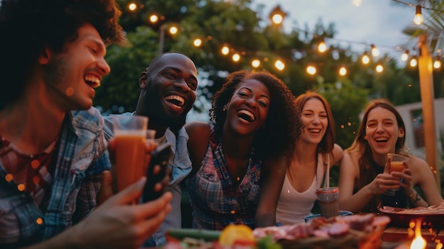 A group of friends laughing and taking selfies during a casual outdoor barbecue