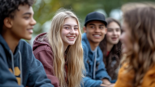 Group of friends laughing and talking outdoors