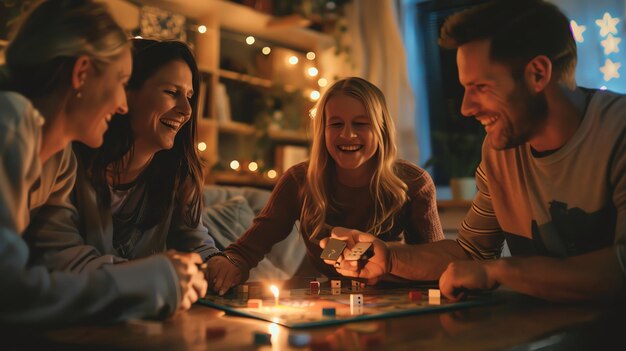 Photo group of friends laughing while playing a board game