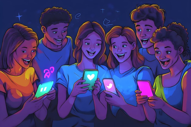 Photo group of friends looking at their smartphones in excitement