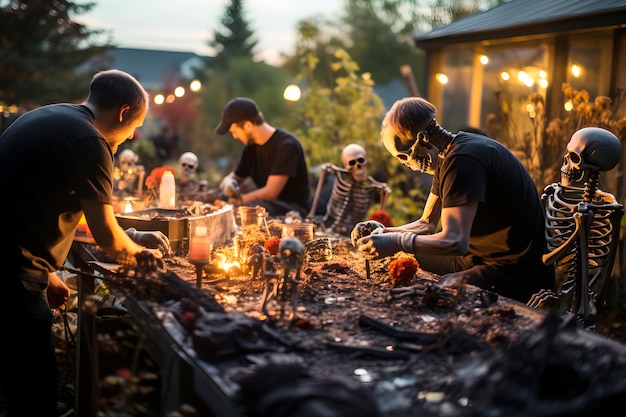 A group of friends one wearing a skeleton mask decorating the garden with Halloween theme