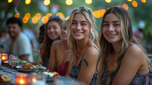 Group of friends at outdoor dinner party with festive lights perfect for summer evenings