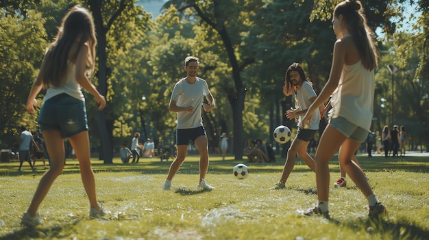 A group of friends play soccer in a park on a sunny day