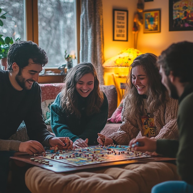 Photo group of friends playing board games in cozy living room