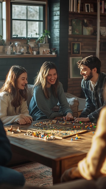 Photo group of friends playing board games in cozy living room