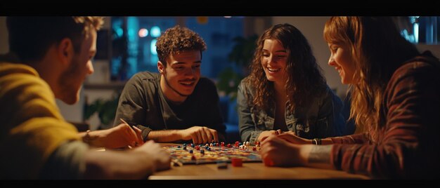 Photo group of friends playing board games in cozy living room