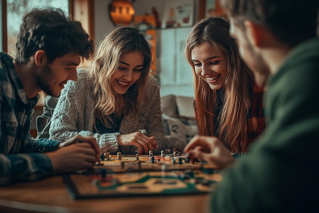 Photo group of friends playing board games in cozy living room