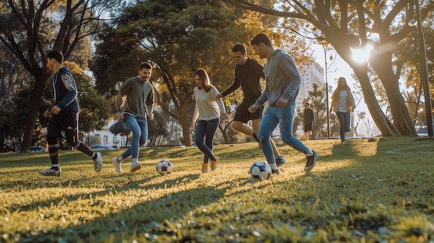 A group of friends playing a casual game of soccer in a park on a sunny day