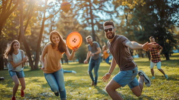 Photo a group of friends playing frisbee in a park