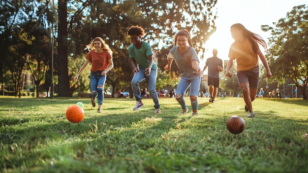 Group of friends playing soccer in a park