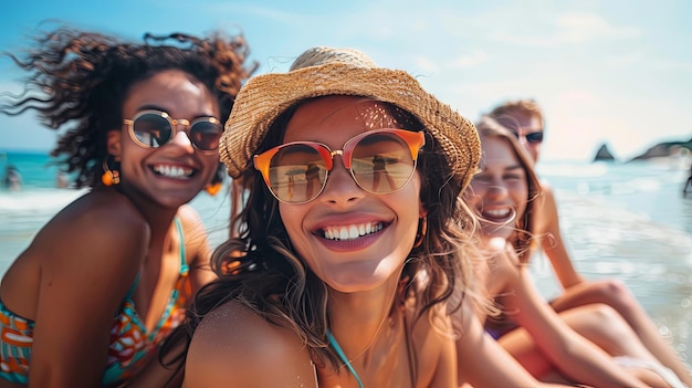 A group of friends rest on the beach near the ocean