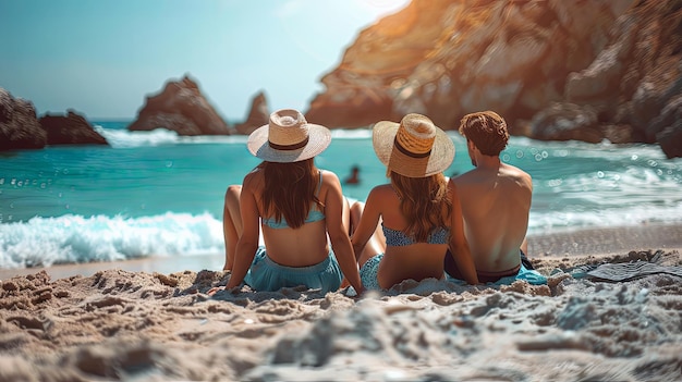 A group of friends rest on the beach near the ocean