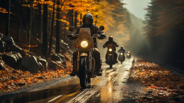 Group of friends riding motorcycles in the fall in Canada