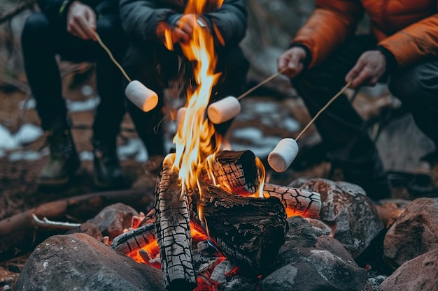 A group of friends roasting marshmallows over a ca generative ai