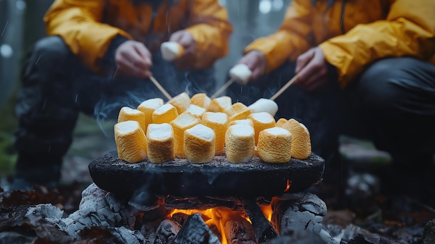 Photo a group of friends roasting marshmallows over the fire