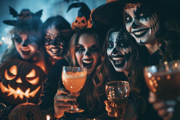 Photo group of friends in scary costumes at a halloween party