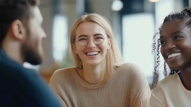 A group of friends shares laughter and smiles while seated in a welcoming cafe