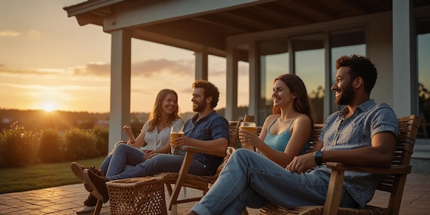 a group of friends sit on a porch and enjoy a sunset