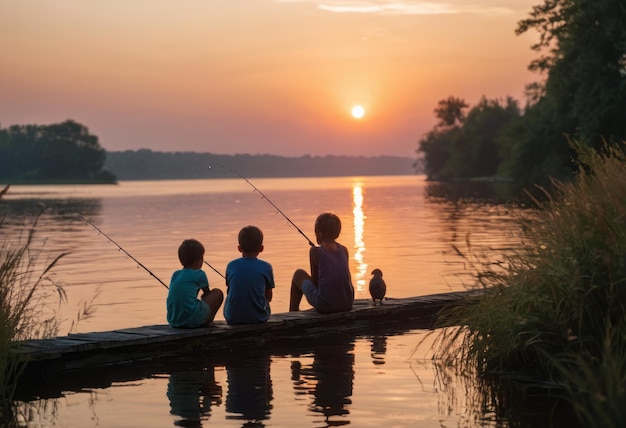 A group of friends sits quietly by a lake as the sun sets capturing a moment of shared tranquility