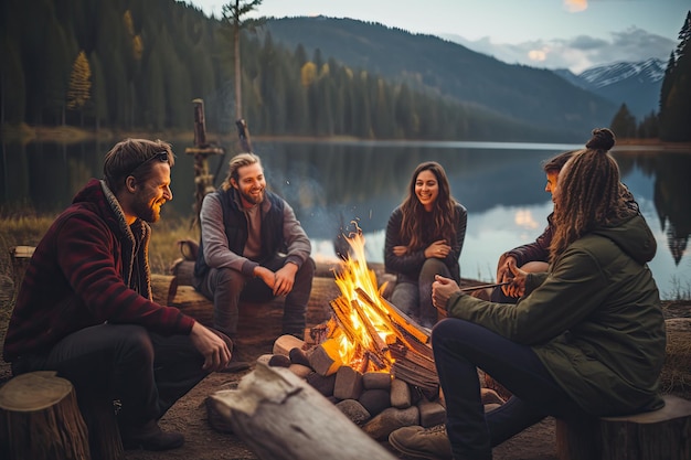 Group of friends sitting around a campfire on a mountain lake Group birds of pink african flamingos walking around the blue lagoon on a sunny day AI Generated