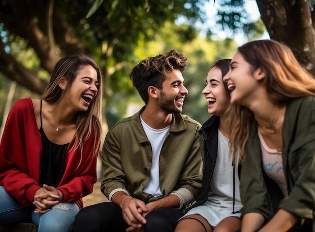 A group of friends sitting on a bench in the park laughing and talking mental health images photorealistic illustration