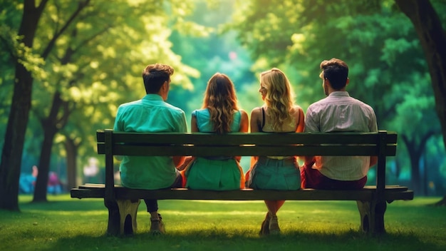 A group of friends sitting on a bench their backs leaning against each other as they enjoy a picnic