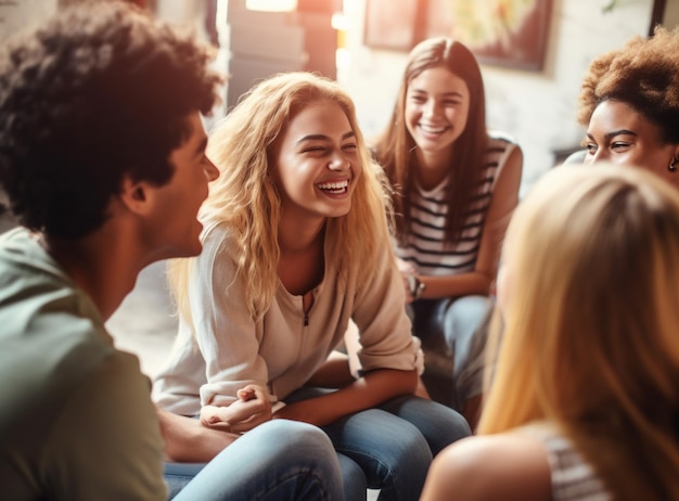 A group of friends sitting in a circle holding hands and talking mental health images photorealistic illustration