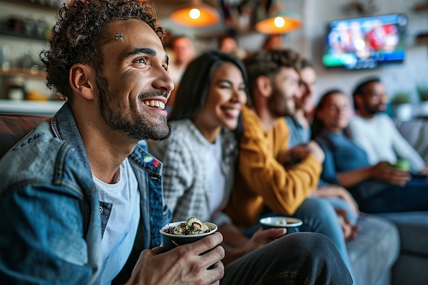 Group of friends sitting on a couch smiling and enjoying snacks while watching a movie together