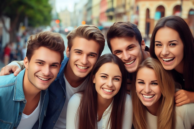 Group of friends sitting on the road and smiling at the camera group of friends