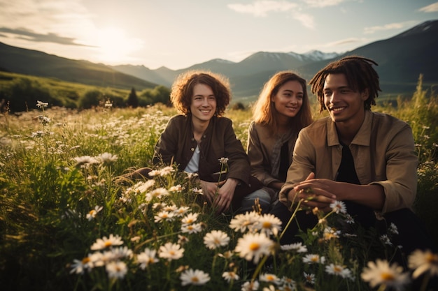 Group of friends sitting among white wildflowers in a meadow with mountains isolated