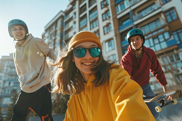 Photo a group of friends on a skateboard