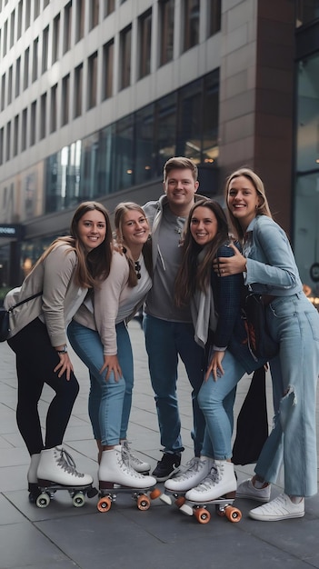 Group of friends smiling and posing with a pr of roller skates in the city