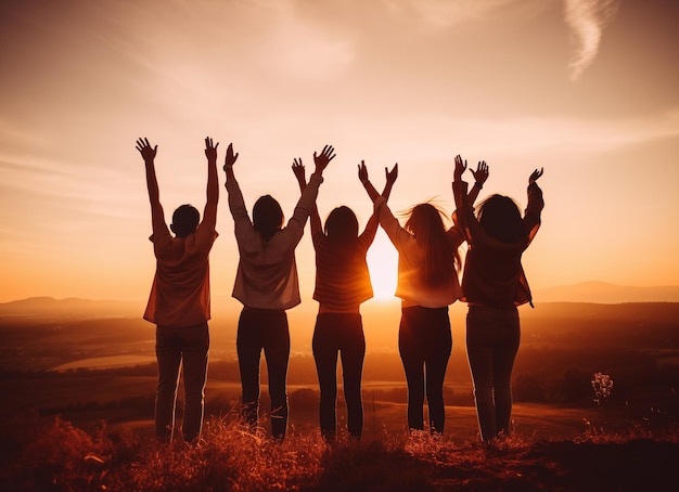 Group of friends standing on a hilltop rejoicing and raising their hands in the air with a beautiful sunset in the background