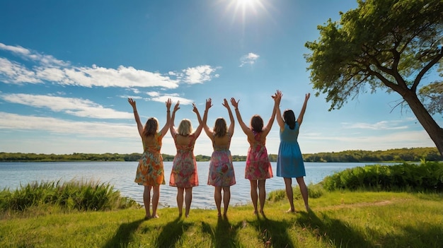 Group of friends standing in lake