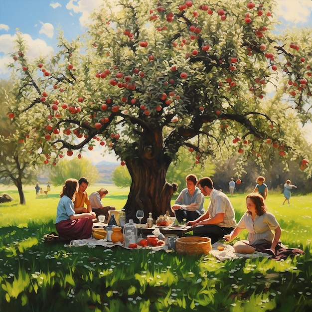 A group of friends studying and eating under the shade of an apple tree