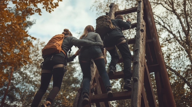 Photo a group of friends supporting each other to successfully climb a steep hill together