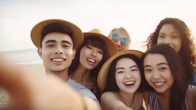 A group of friends take a self portrait.