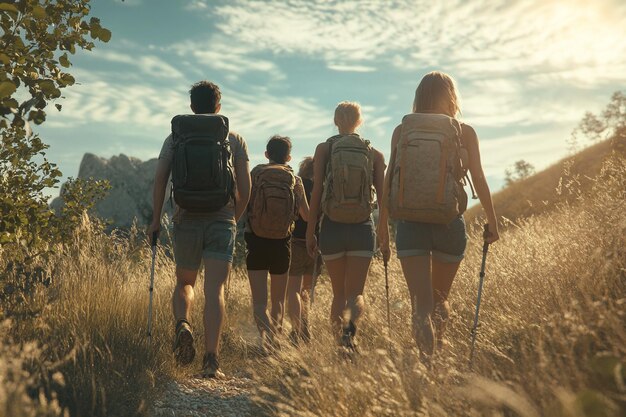 Photo group of friends taking a hike