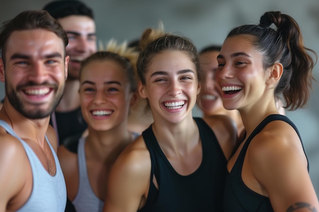 A group of friends taking a picture at the gym Fitness friends concept