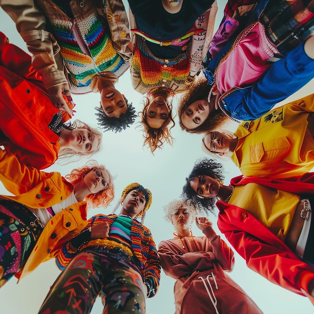 Photo group of friends taking picture together from below