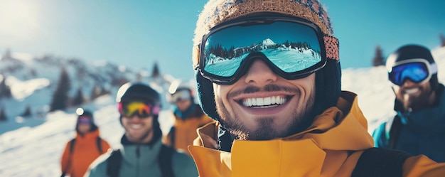 Photo group of friends taking selfie skiing in mountains