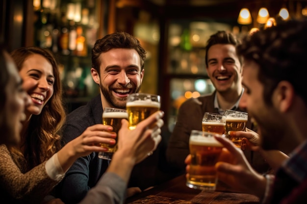 A group of friends toasting and celebrating with their beers in a vibrant well lit bar Generative AI