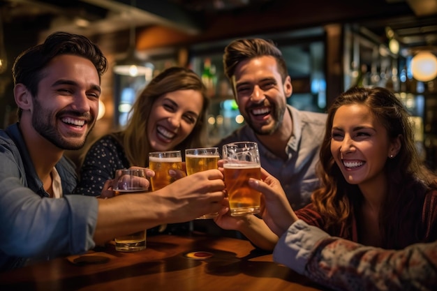 A group of friends toasting and celebrating with their beers in a vibrant well lit bar Generative AI